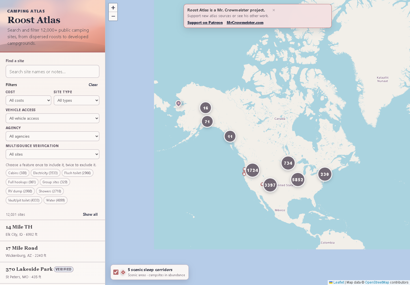 Roost Atlas camping filters and site list beside a map with clustered locations